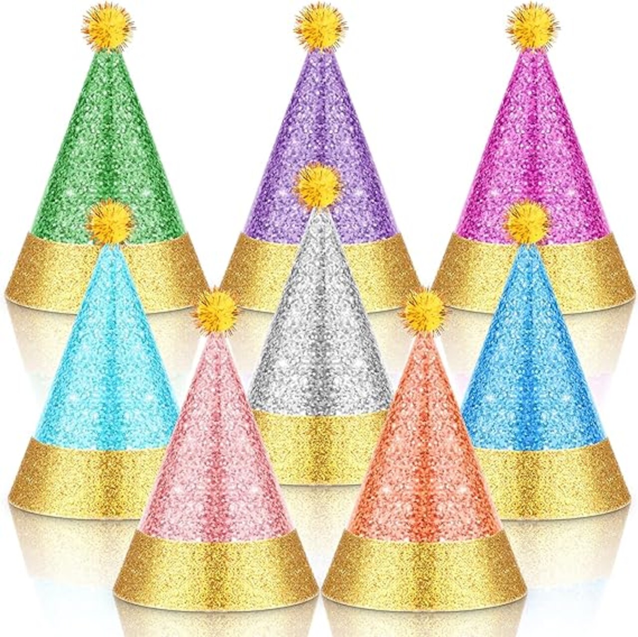 24 Pcs Colorful Party Hats with Pompoms, Glitter Birthday Party Cone Hats Paper Birthday Cone Hats for Birthday Party Supplies